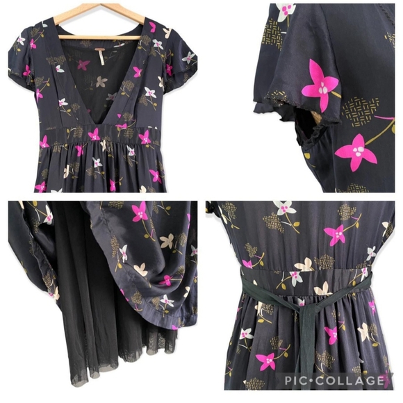 VINTAGE Free People Black Crinkled Silk Kimono Floral Dress Size 2 - Picture 10 of 10